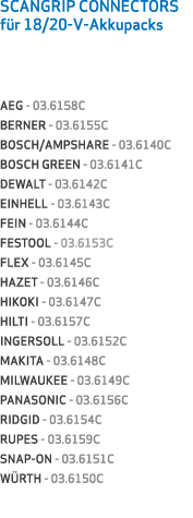 SCANGRIP CONNECTORS f r 18/20-V-Akkupacks  AEG - 03.6158C BERNER - 03.6155C BOSCH/AMPSHARE - 03.6140C             BO...