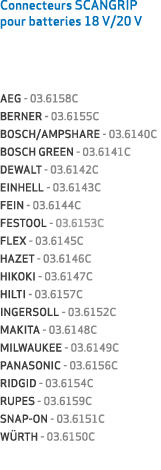 Connecteurs SCANGRIP pour batteries 18 V/20 V AEG 03.6158C BERNER 03.6155C BOSCH/AMPSHARE 03.6140C BOSCH GREEN 03.614...