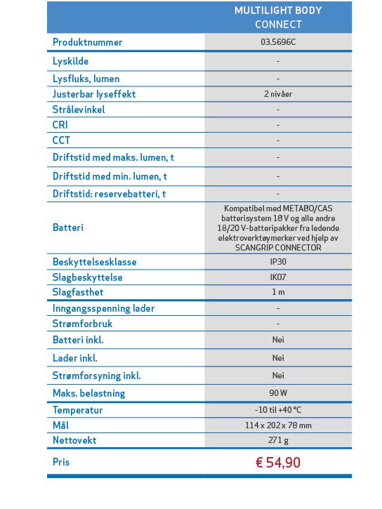 ,,MULTILIGHT BODY CONNECT,,,Produktnummer,03.5696C,,,Lyskilde, ,,,Lysfluks, lumen, ,,,Justerbar lyseffekt,2 niv er,,,...