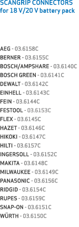 SCANGRIP CONNECTORS for 18 V/20 V battery pack AEG 03.6158C BERNER 03.6155C BOSCH/AMPSHARE 03.6140C BOSCH GREEN 03.61...
