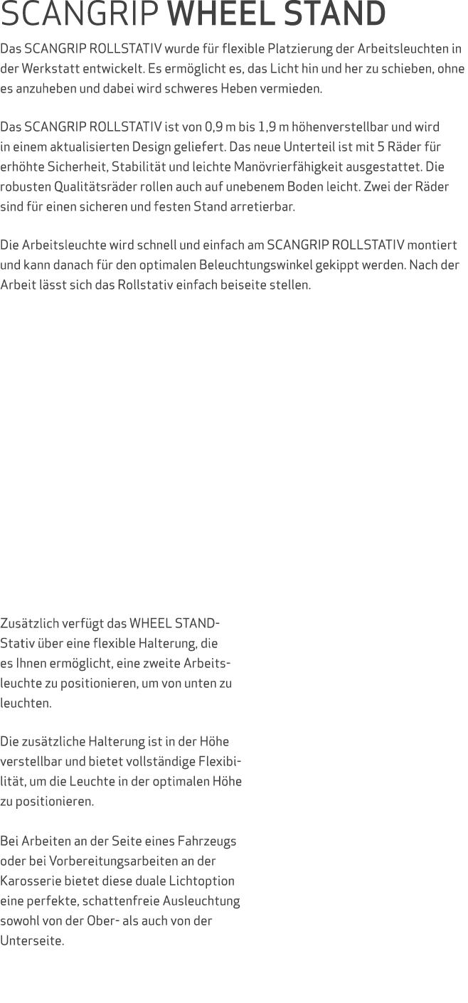 SCANGRIP WHEEL STAND Das SCANGRIP ROLLSTATIV wurde f r flexible Platzierung der Arbeitsleuchten in der Werkstatt entw...