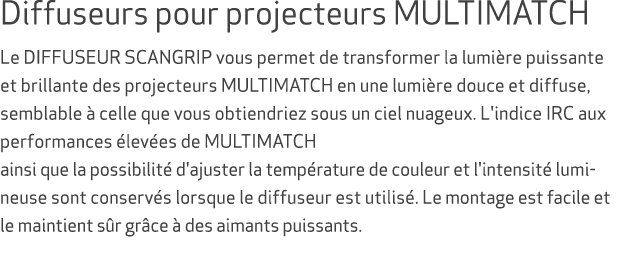 Diffuseurs pour projecteurs MULTIMATCH Le DIFFUSEUR SCANGRIP vous permet de transformer la lumi re puissante et brill...