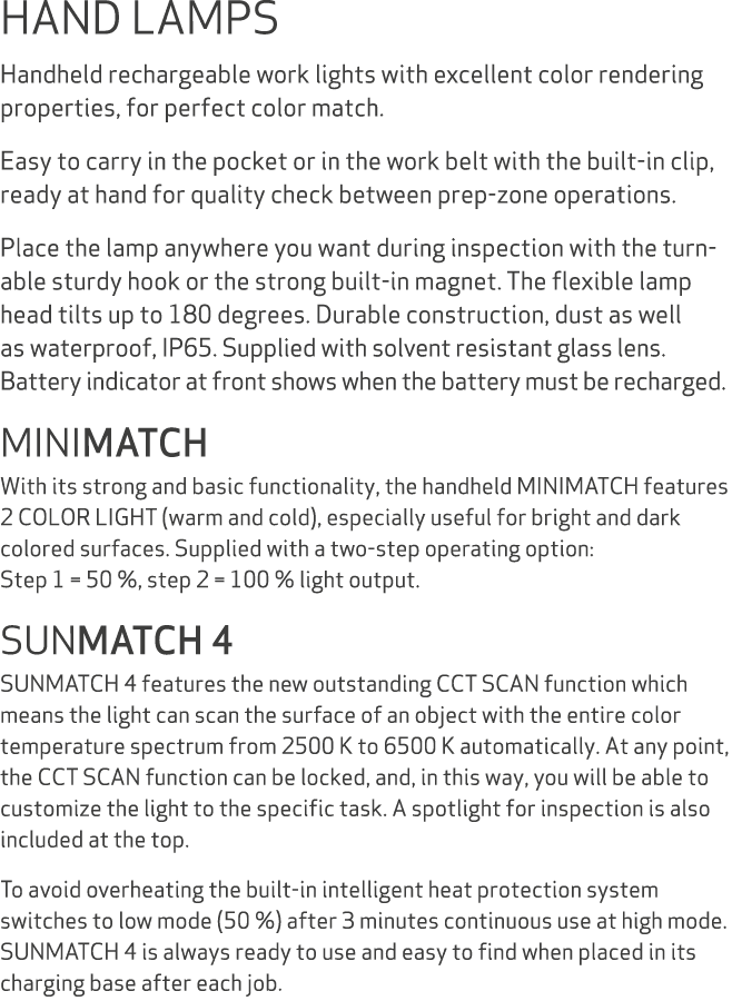 HAND LAMPS Handheld rechargeable work lights with excellent color rendering properties, for perfect color match. Easy...