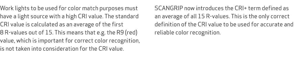 Work lights to be used for color match purposes must have a light source with a high CRI value. The standard CRI valu...