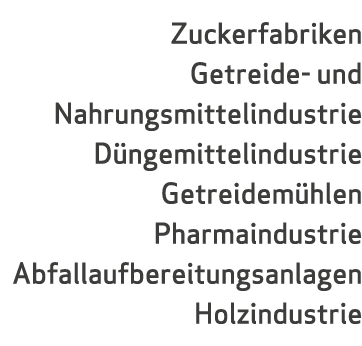 Zuckerfabriken Getreide- und Nahrungsmittelindustrie D ngemittelindustrie Getreidem hlen Pharmaindustrie Abfallaufber...