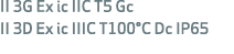 II 3G Ex ic IIC T5 Gc II 3D Ex ic IIIC T100°C Dc IP65