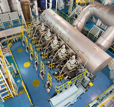 Close view of the crude oil tanker's engine room.