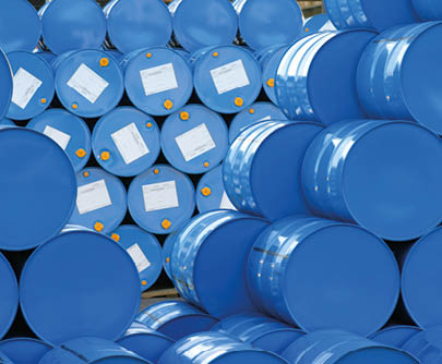 A pile with blue barrels.