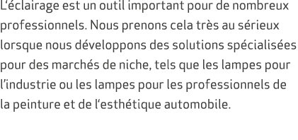 L‘ clairage est un outil important pour de nombreux professionnels. Nous prenons cela tr s au s rieux lorsque nous d ...