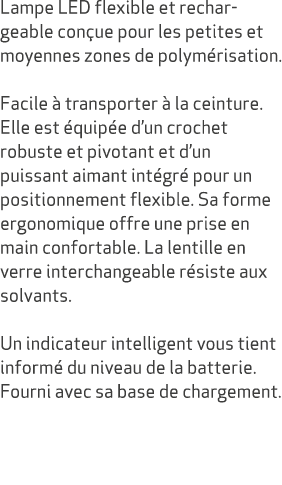 Lampe LED flexible et rechargeable con ue pour les petites et moyennes zones de polym risation. Facile  transporter ...