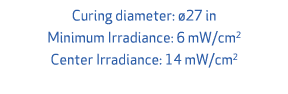 Curing diameter: 27 in Minimum Irradiance: 6 mW/cm2 Center Irradiance: 14 mW/cm2 