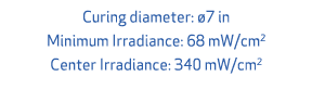 Curing diameter: 7 in Minimum Irradiance: 68 mW/cm2 Center Irradiance: 340 mW/cm2 