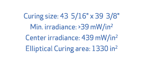 Curing size: 43 5/16\“ x 39 3/8\" Min. irradiance: 39 mW/in2 Center irradiance: 439 mW/in2 Elliptical Curing area: 1...