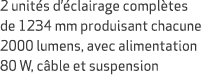2 unit s d’ clairage compl tes de 1234 mm produisant chacune 2000 lumens, avec alimentation 80 W, c ble et suspension