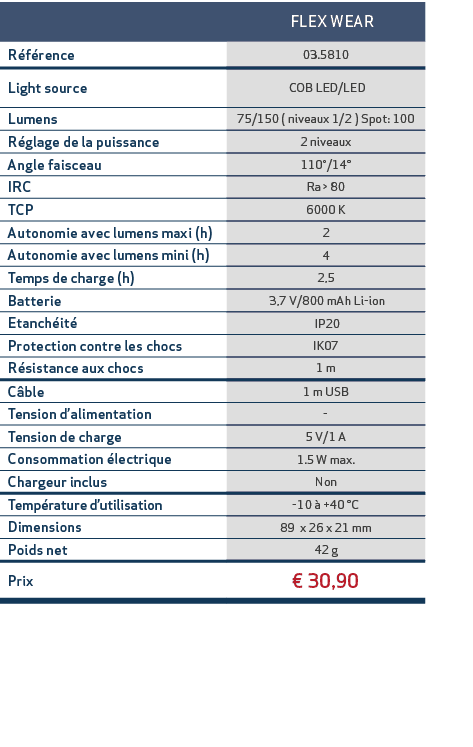 , FLEX WEAR ,R f rence,03.5810,Light source, COB LED/LED,Lumens,75/150 ( niveaux 1/2 ) Spot: 100,R glage de la puissa...