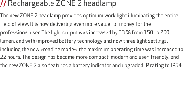 // Rechargeable ZONE 2 headlamp The new ZONE 2 headlamp provides optimum work light illuminating the entire field of ...
