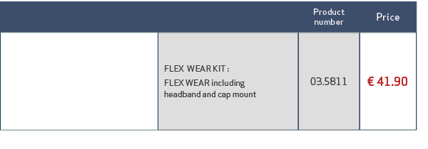 ,Product number,Price ,,FLEX WEAR KIT : FLEX WEAR including headband and cap mount,03.5811,€ 41.90