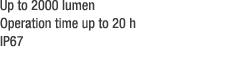 Up to 2000 lumen Operation time up to 20 h IP67