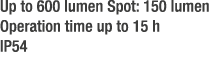 Up to 600 lumen Spot: 150 lumen Operation time up to 15 h IP54 