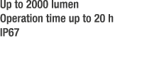 Up to 2000 lumen Operation time up to 20 h IP67